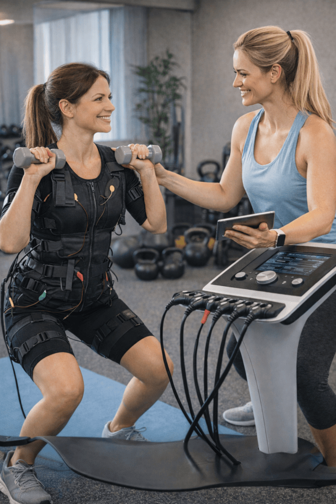 Coaching électrostimulation EMS femme avec accompagnement personnalisé en salle