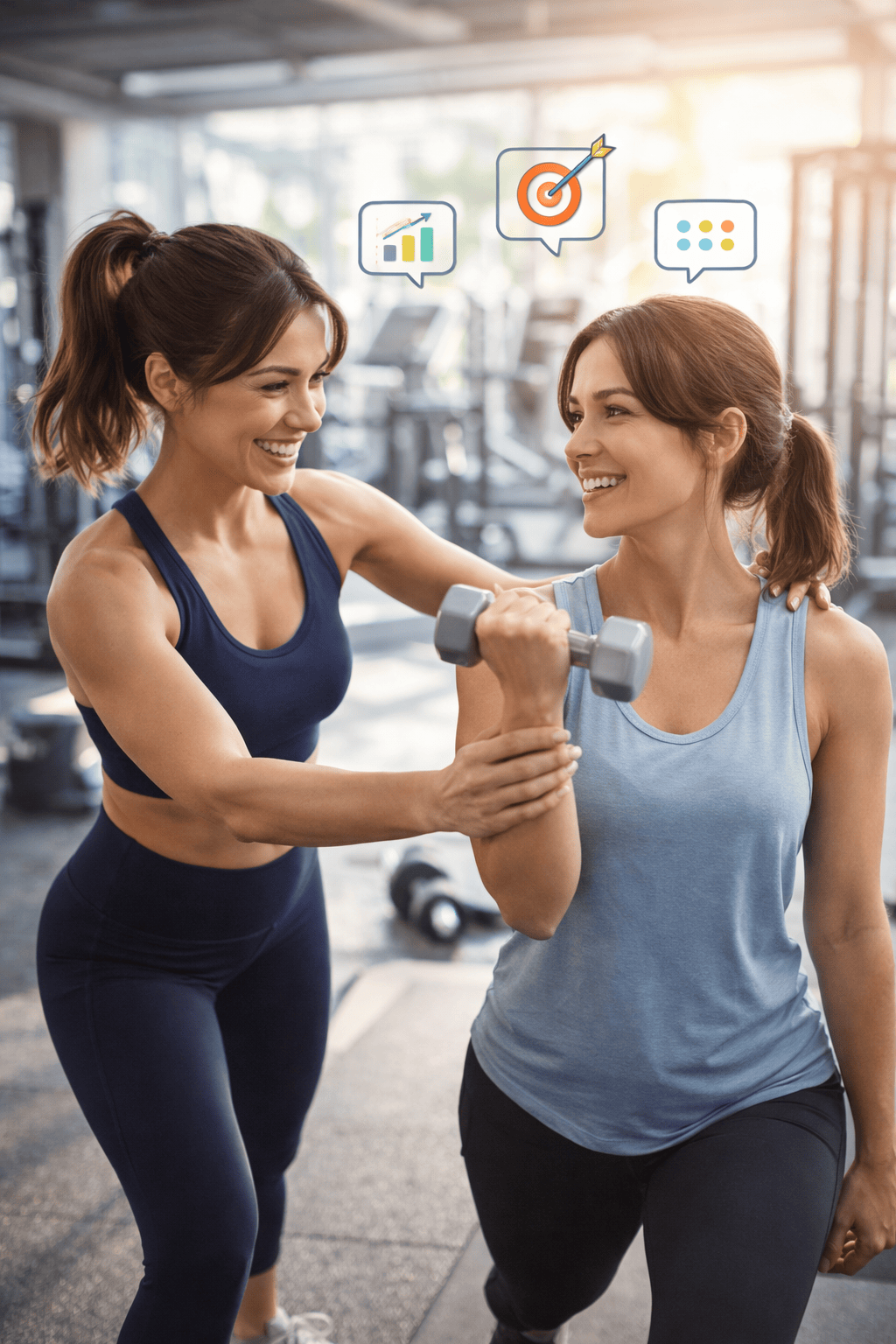 Coach sportive guidant une cliente femme lors d’un coaching personnalisé en salle de sport
