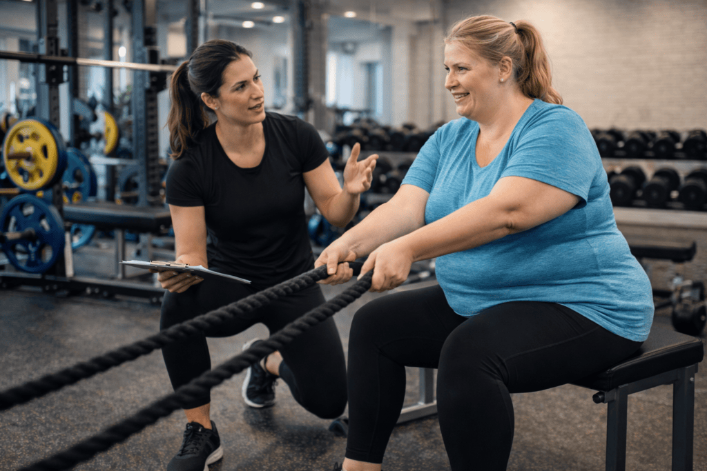 Coaching sportif adapté à l’obésité en salle privée avec coach professionnel