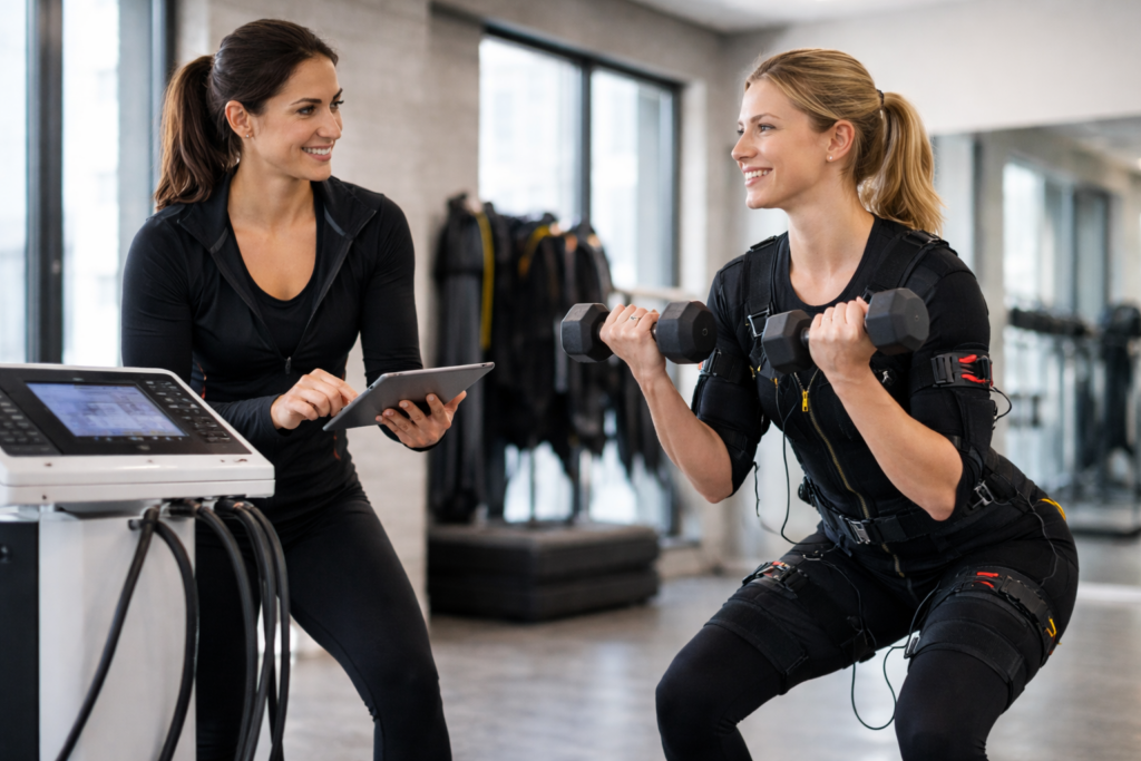 Séance d’électrostimulation EMS avec une coach sportive accompagnant une cliente lors d’un entraînement personnalisé en salle