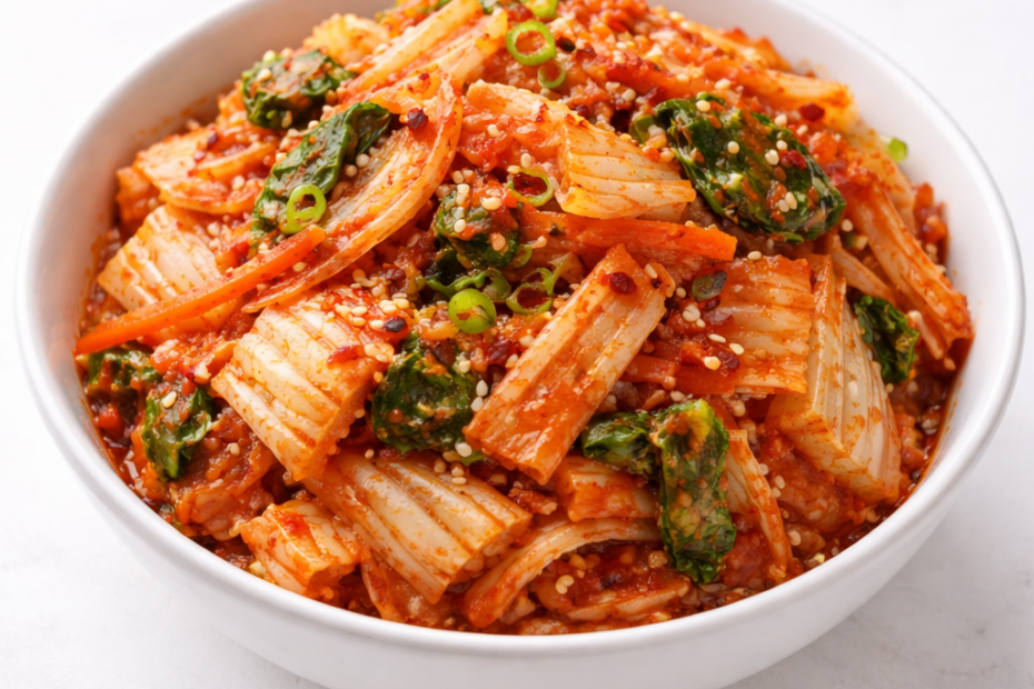 Bol de kimchi maison au chou fermenté, riche en probiotiques naturels, bénéfique pour la digestion et la santé intestinale