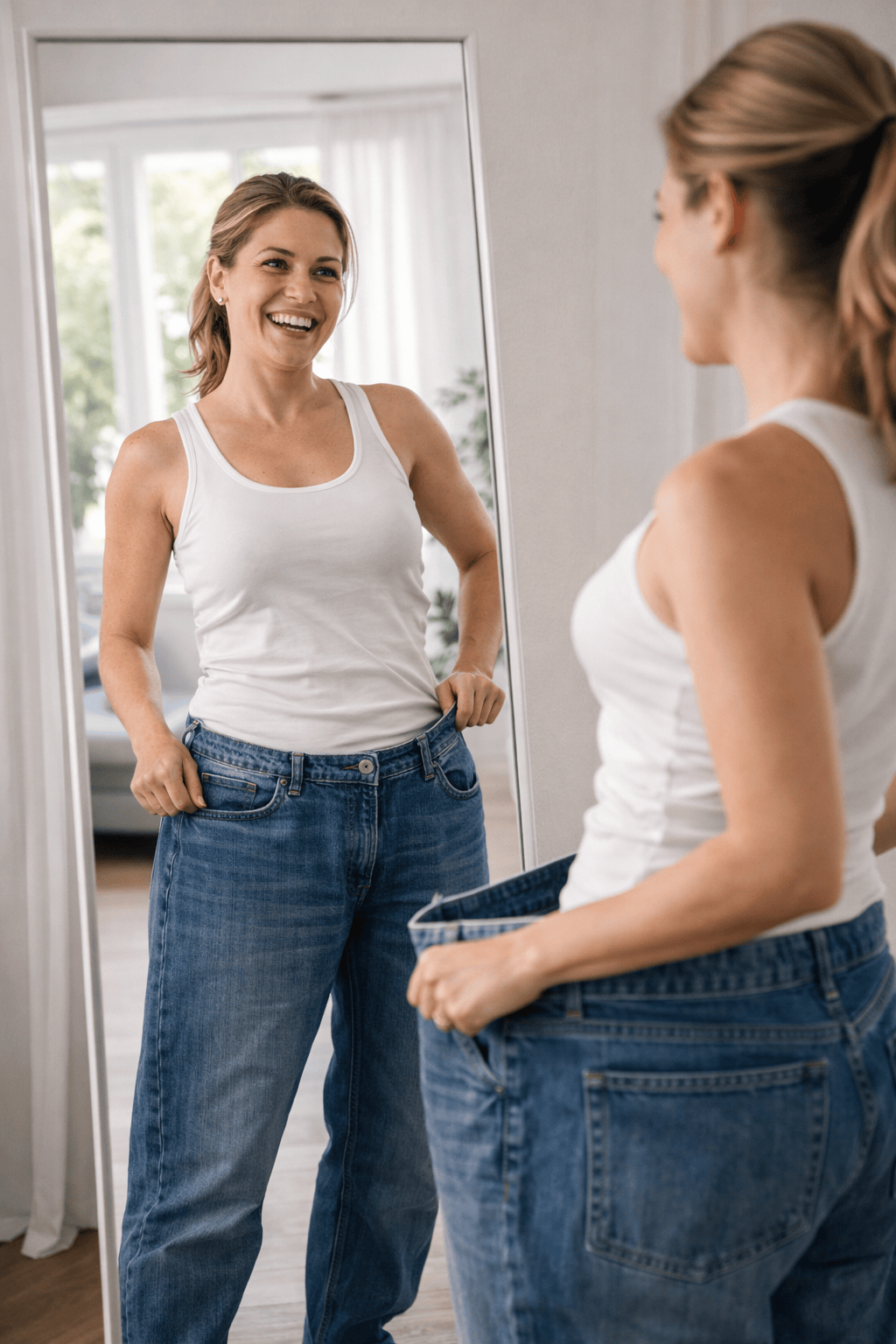 Femme heureuse regardant sa silhouette dans le miroir avec un pantalon devenu large après sa perte de poids