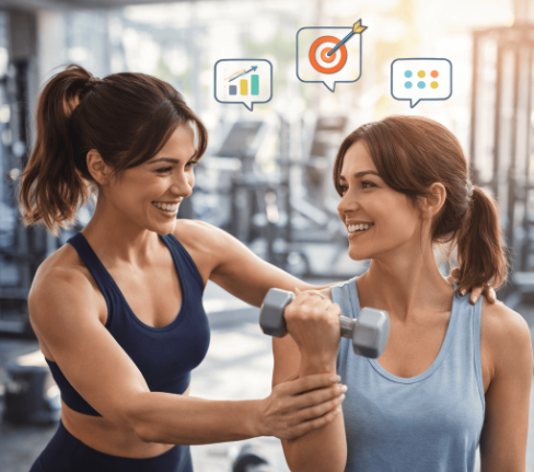 Coach sportive guidant une cliente femme lors d’un coaching personnalisé en salle de sport
