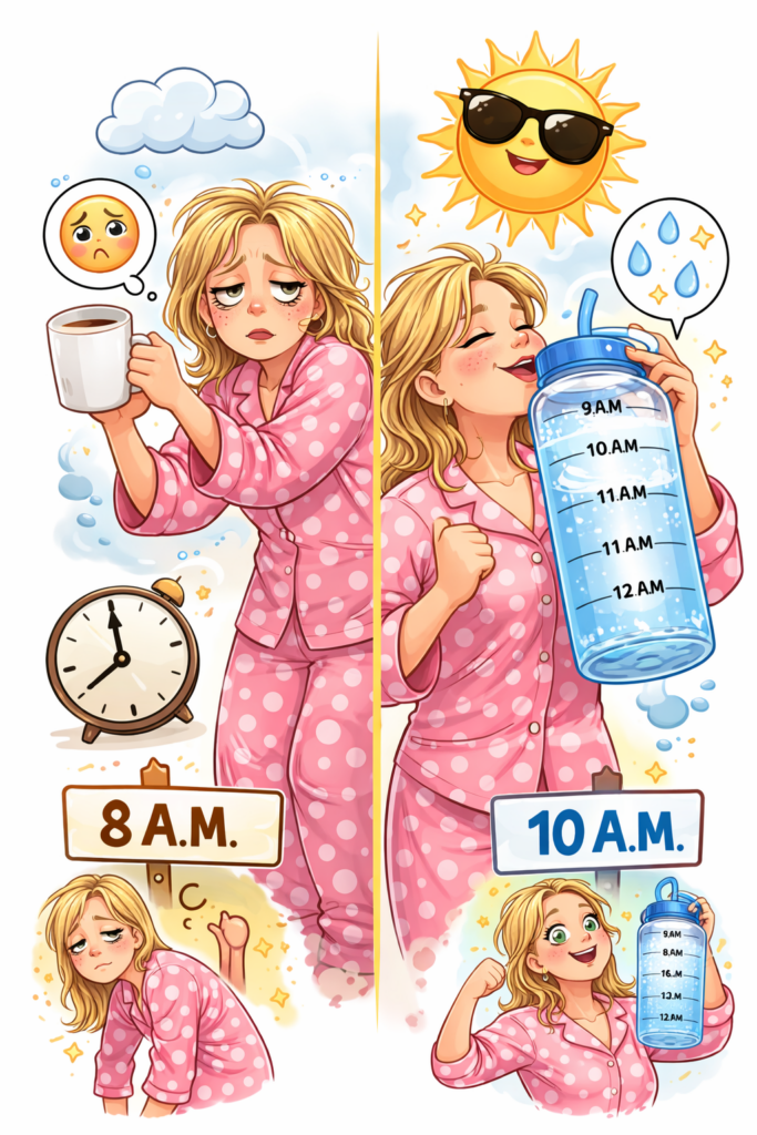 verre d’eau sur fond bleu symbole hydratation femme santé énergie