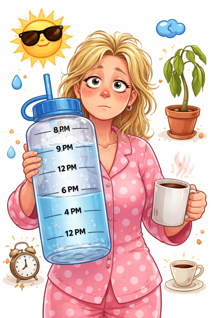 femme fatiguée avec café et gourde d’eau hydratation matin énergie santé