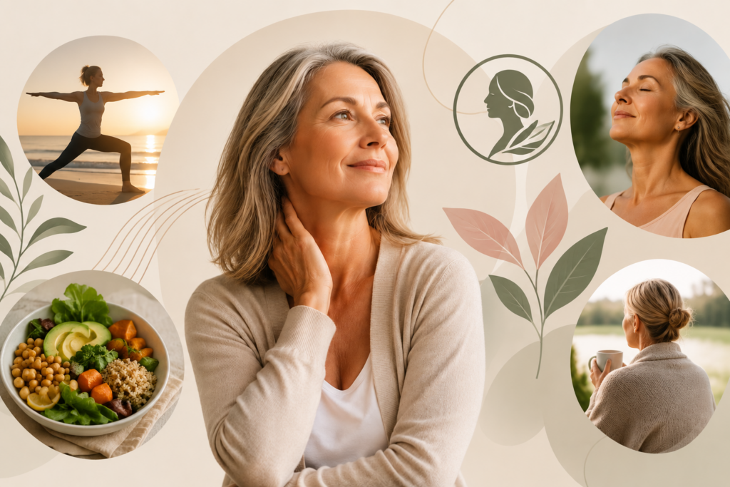 Femme de 50 ans illustrant les différents profils de la ménopause, avec des éléments liés au bien-être, à l'alimentation et à l'activité physique.