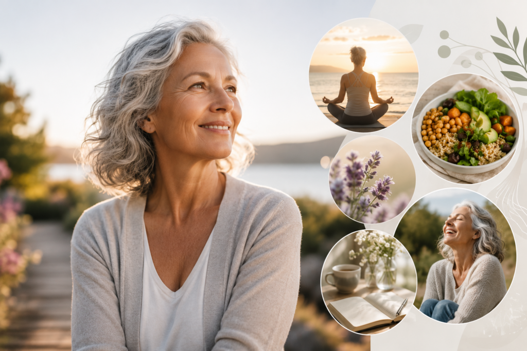 Femme de plus de 50 ans épanouie illustrant le bien-être pendant la ménopause grâce à une alimentation équilibrée, une activité physique et un mode de vie sain.